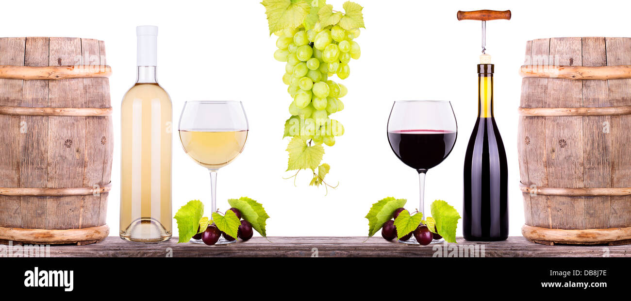 red and white glass of wine with grapes and barrel on a wooden vintage ...