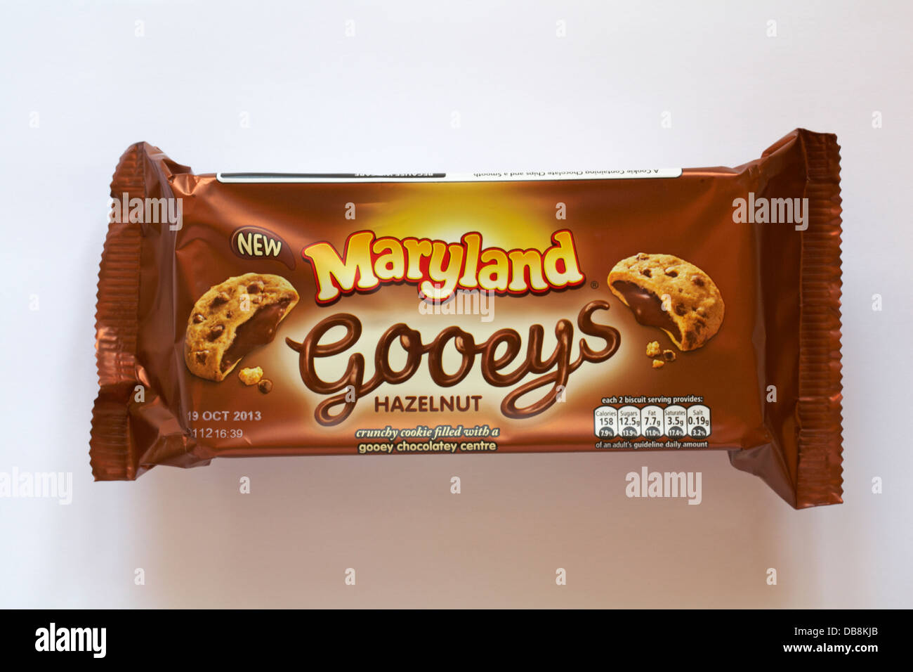 Packet of new Maryland Gooeys hazelnut crunchy cookie filled with a gooey chocolatey centre
