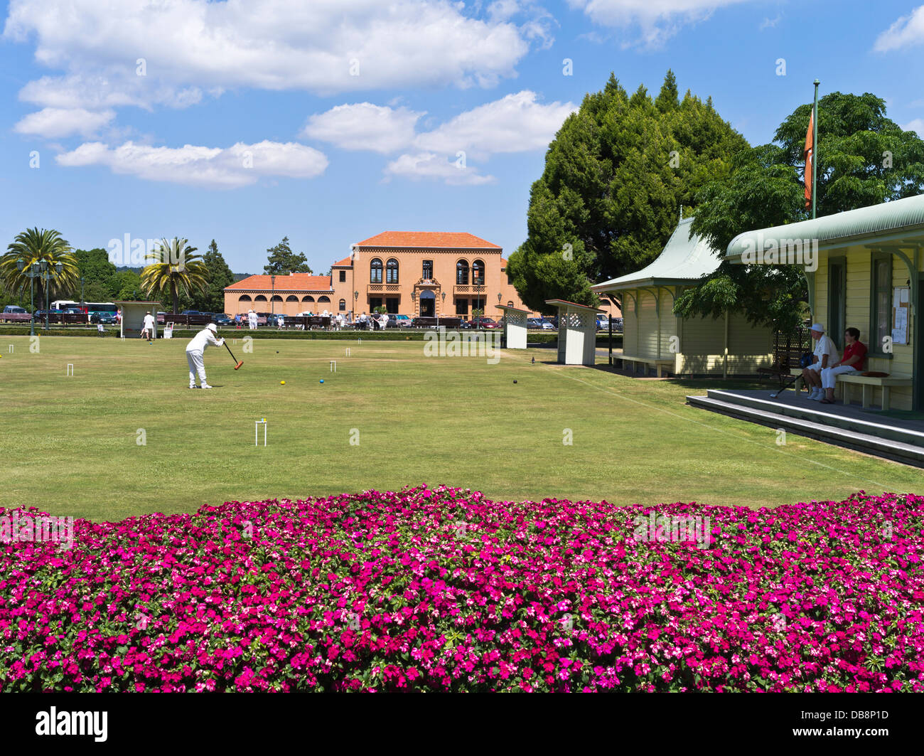 dh Government gardens ROTORUA NEW ZEALAND Croquet clubhouse Paepaekumana public park and Blue Baths building Stock Photo