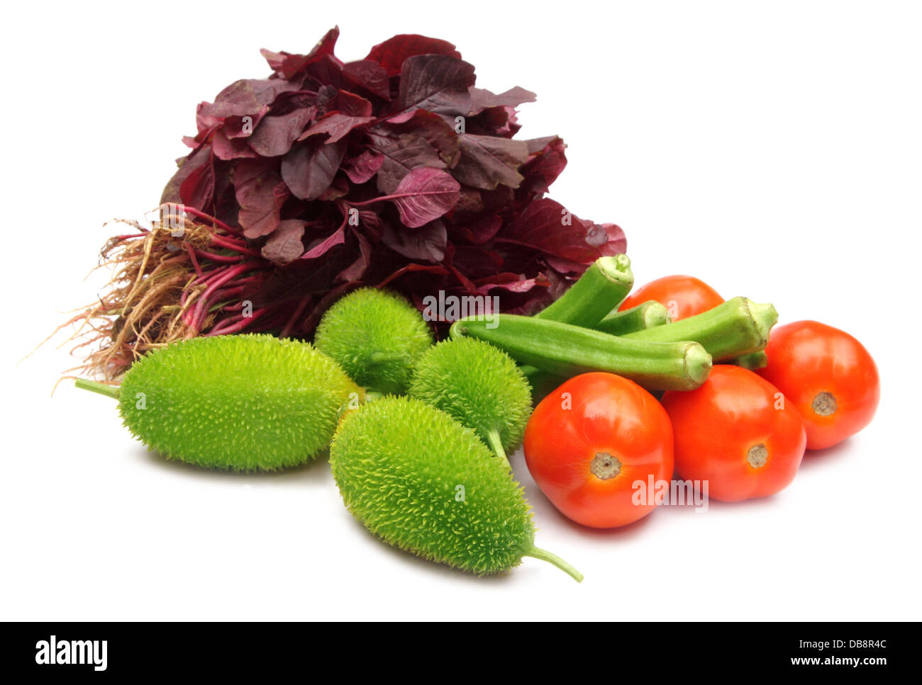 Fresh vegetables – Cucumber, tomato and okras, amaranth, kakrol Stock Photo