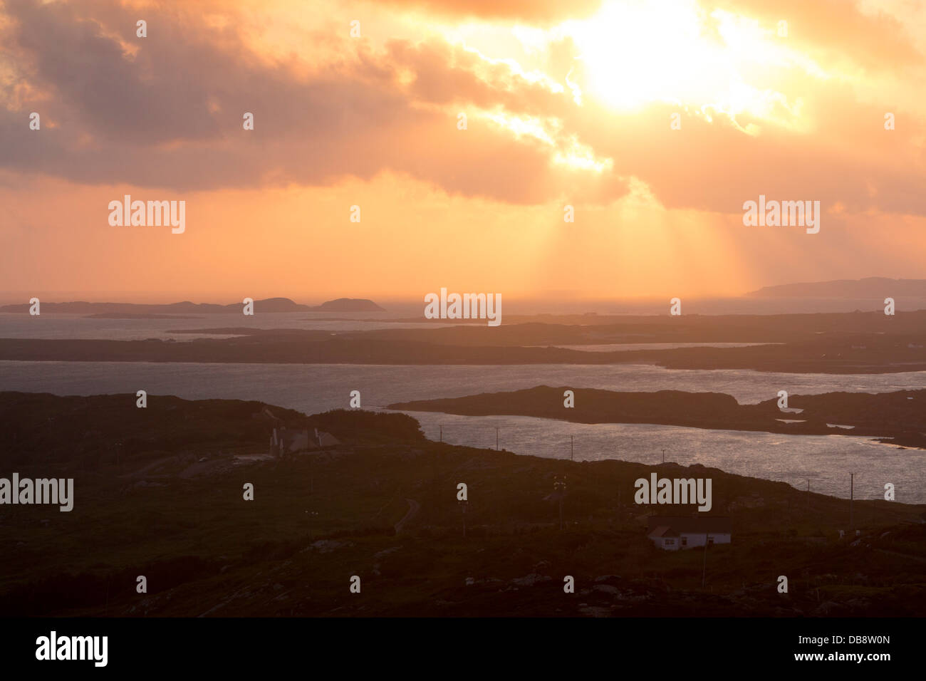 View over Connemara coast from Sky Road near Clifden at sunset County Galway Eire Republic of Ireland Stock Photo