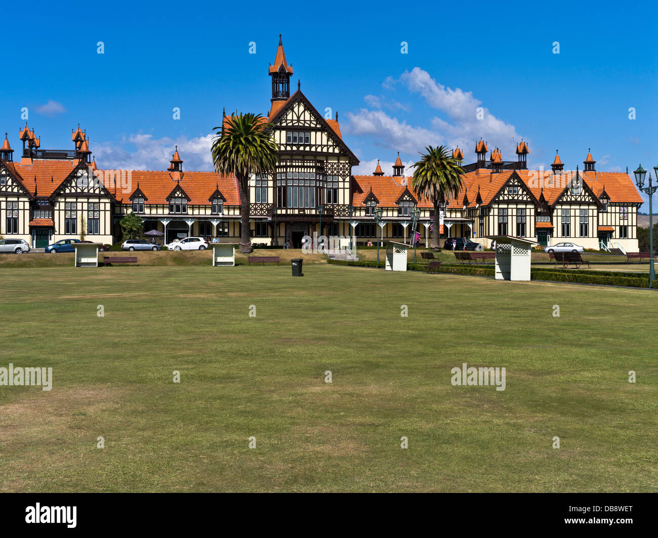 dh Government gardens ROTORUA NEW ZEALAND Paepaekumana public park and old Bath House Museum tudor style building Stock Photo