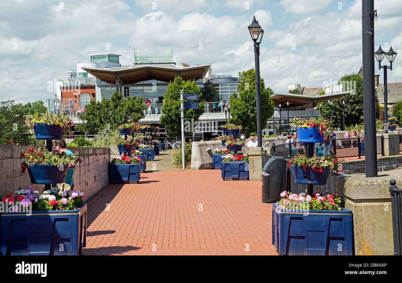 Cardiff Bay and The Mount Stuart pub surrounded by flower tubs on a