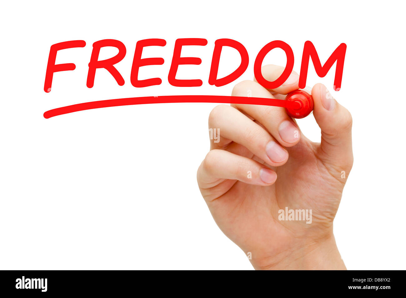 Hand writing Freedom with red marker on transparent wipe board. Stock Photo