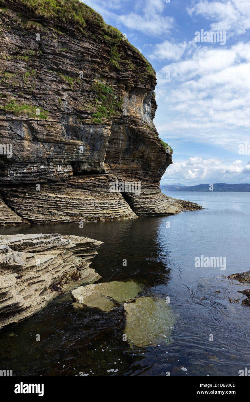 Eroded rock strata of sea cliffs on approach to Spar Cave, Glasnakille, Isle of Skye, Scotland, UK Stock Photo