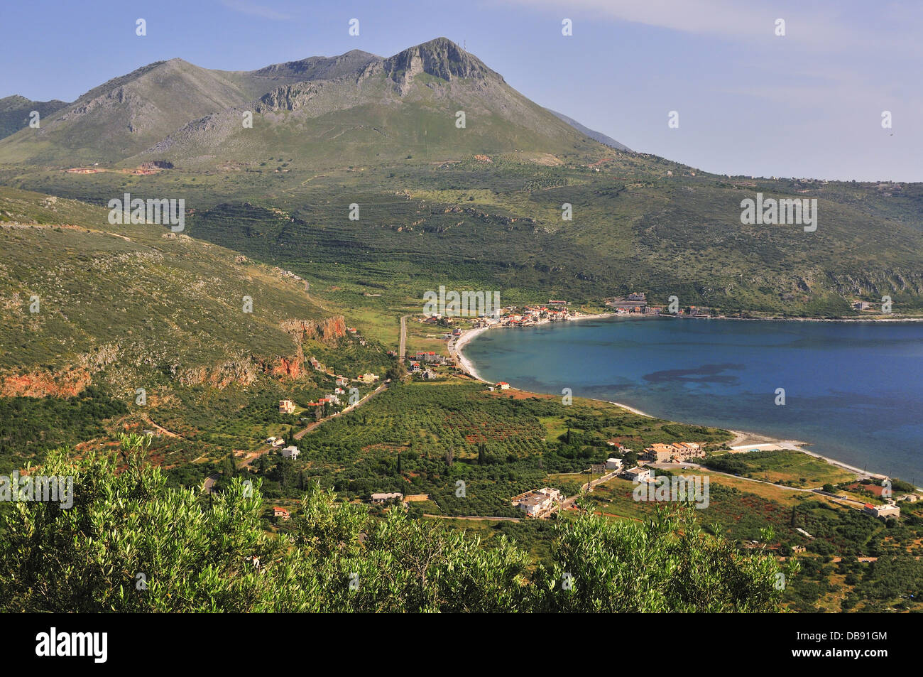 Landscape of the Mani Peninsula.Hair pin bend roads descend and ascend along the dramatic Mani coast line up  to Areopoli, Peloponnese, Greece Stock Photo
