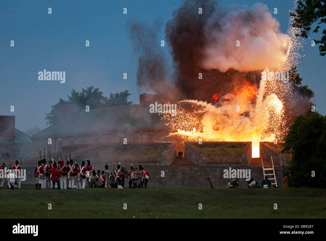 Canada,Ontario,Fort Erie,Old Fort Erie, War of 1812 re-enactment of the Siege of Fort Erie. A large explosion of the  gun powder  magazine. Stock Photo