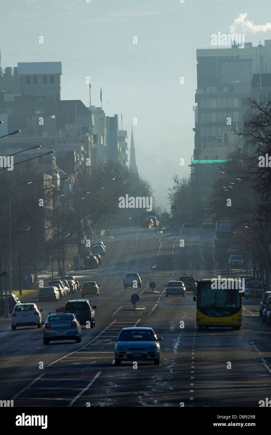 Bus, traffic, and air pollution, Princes St, Dunedin, South Island, New Zealand Stock Photo