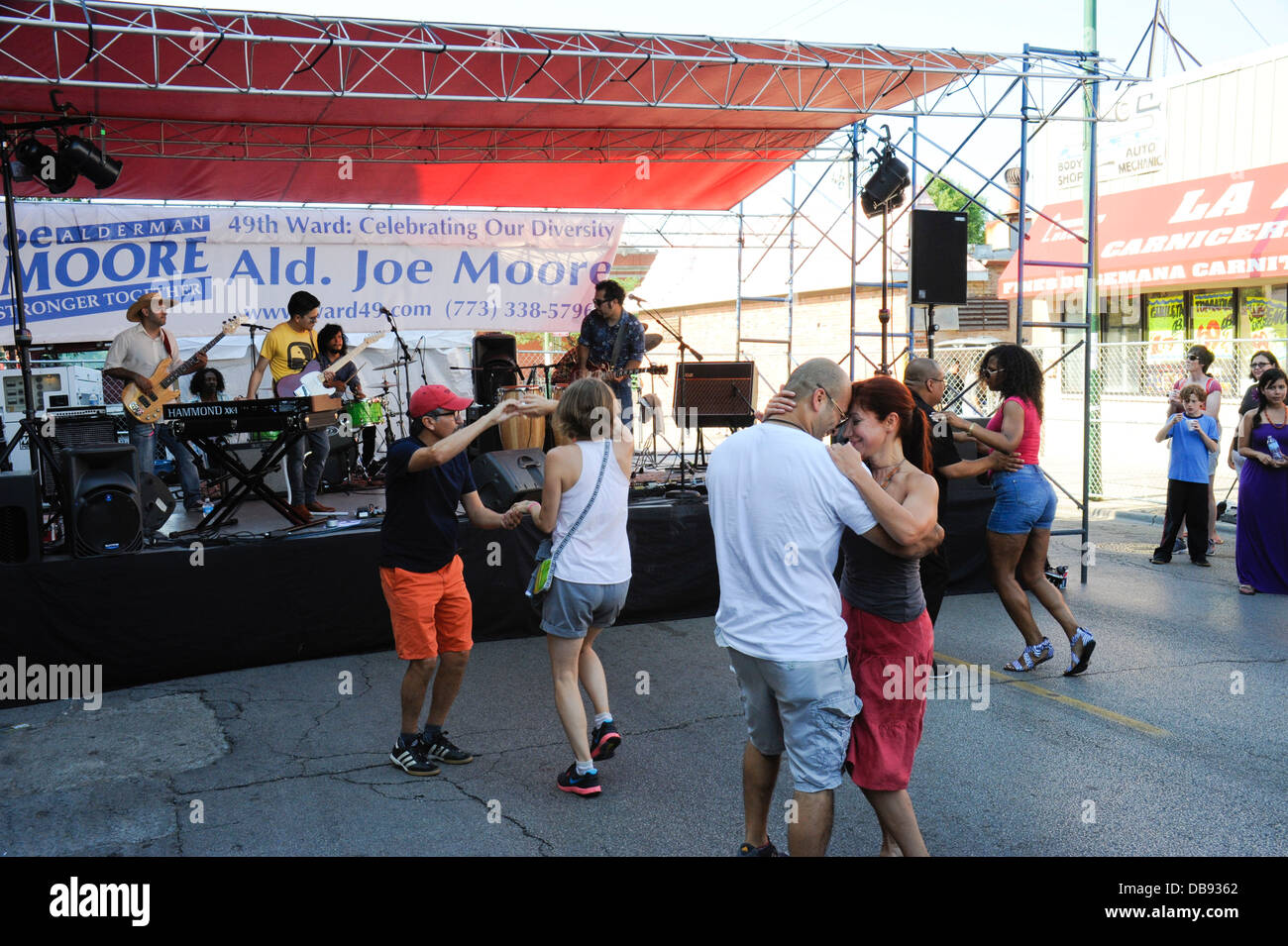 'Celebrate Clark St. Festival, Chicago, Illinois. 'Dos Santos Anti-Beat' cumbia band on stage. Stock Photo