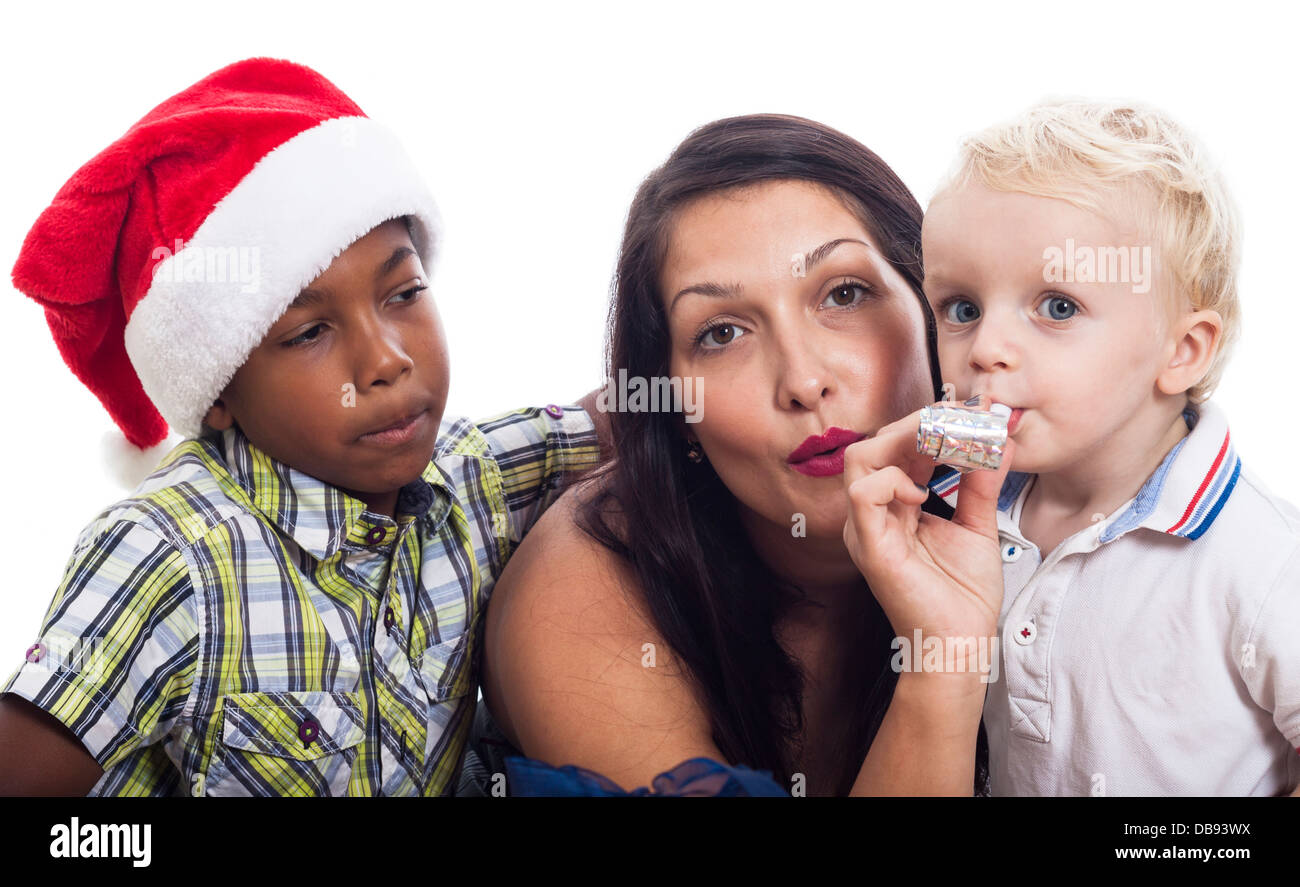 Woman with children celebrate Christmas, isolated on white background. Stock Photo