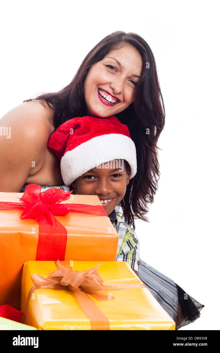 Happy family with Christmas presents, isolated on white background. Stock Photo