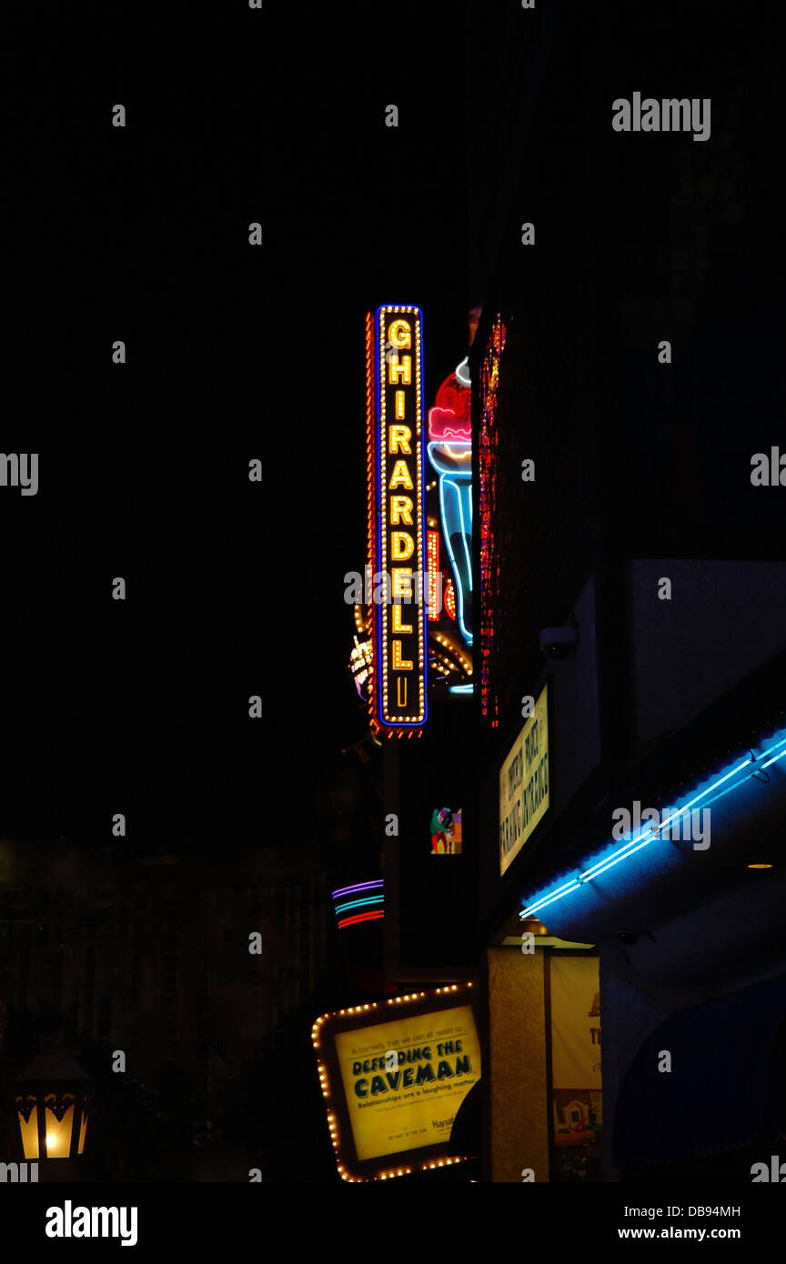 Black sky night portrait red blue neon Ghirardelli Ice Cream sign from Harrah's Sign, Las Vegas