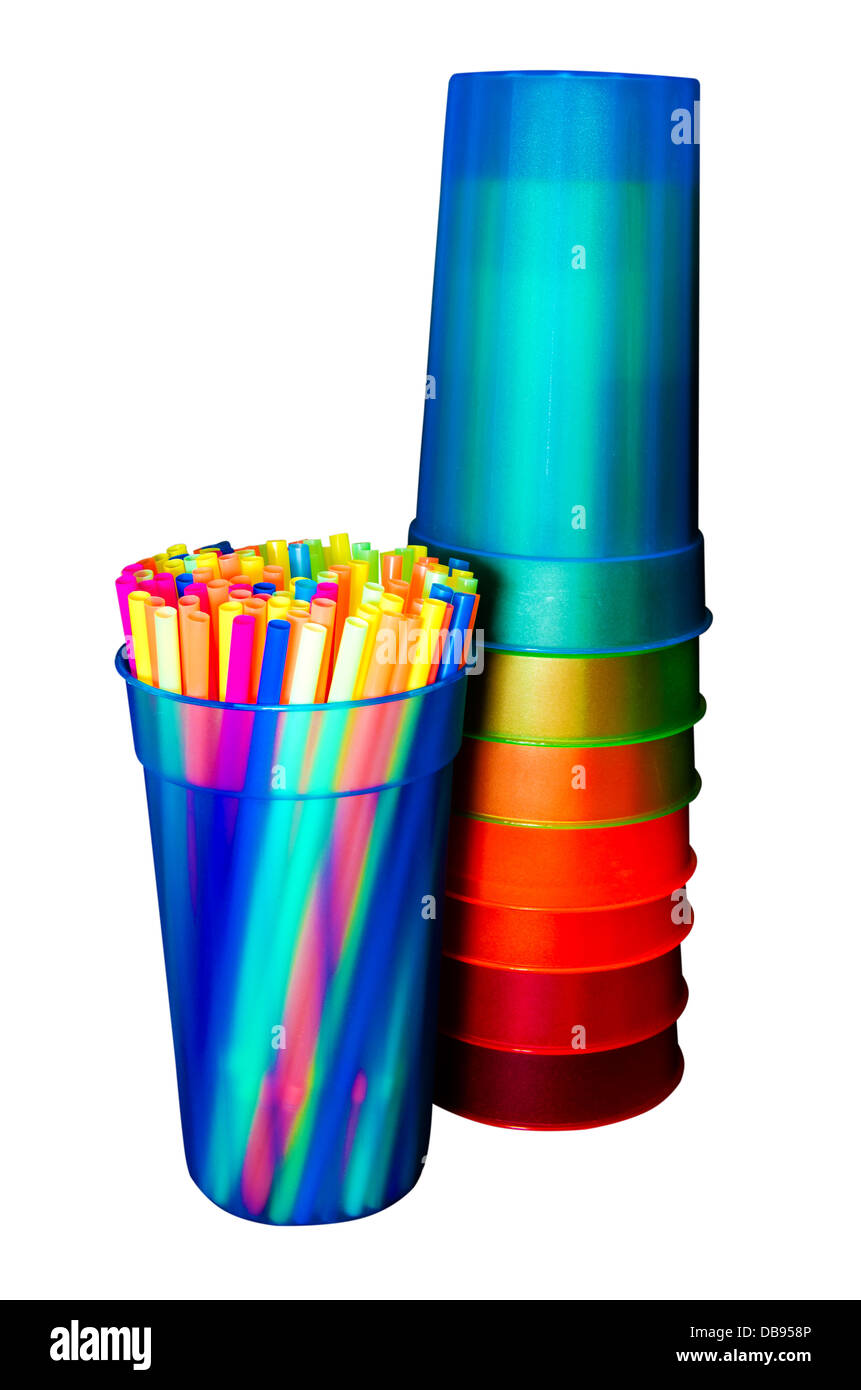 Colorful straws and cups isolated on white background with clipping path. Stock Photo