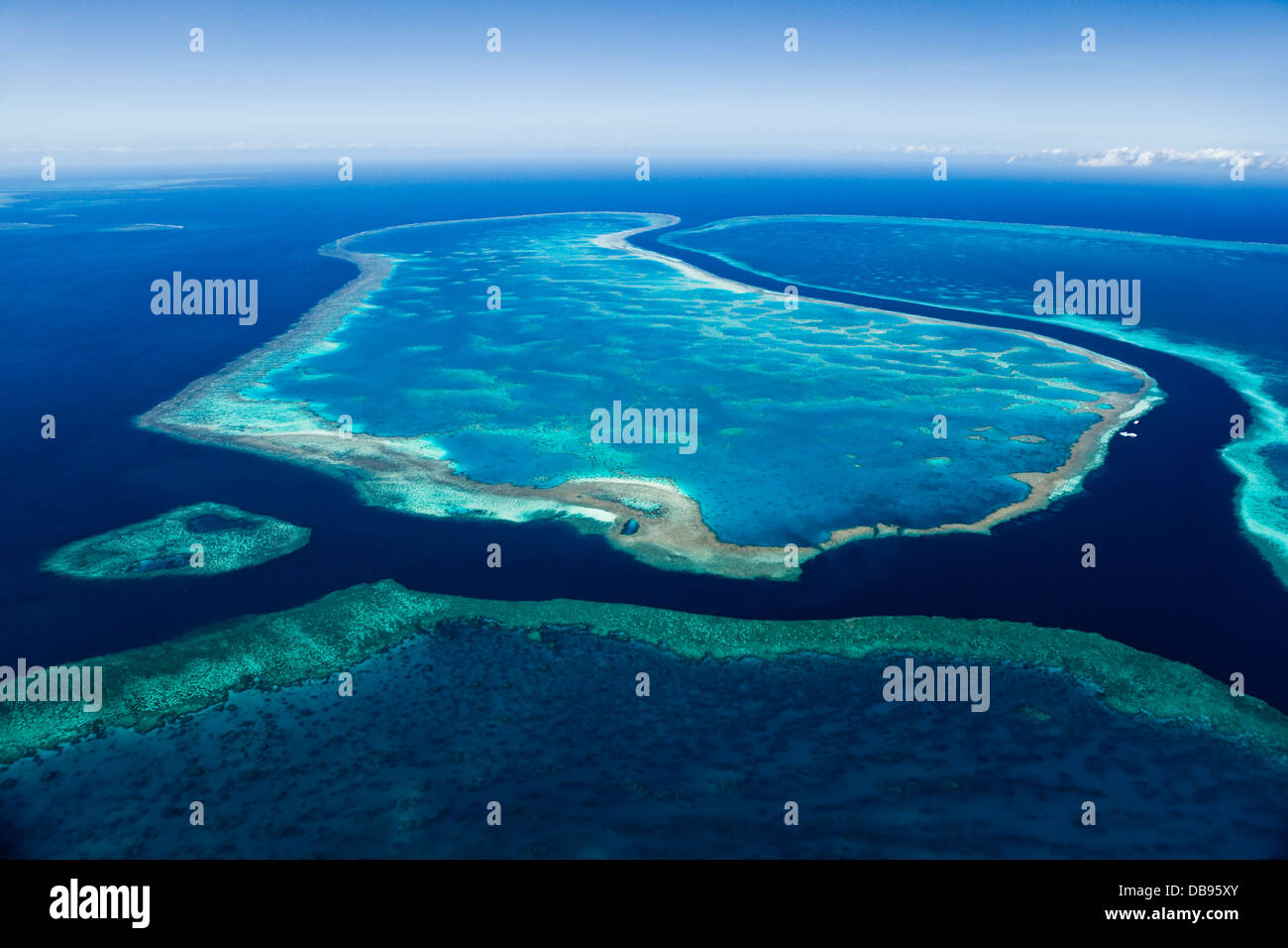 Aerial view of Hardys Reef, with Line Reef in foreground and Hook Reef in background.  Great Barrier Reef Marine Park Stock Photo