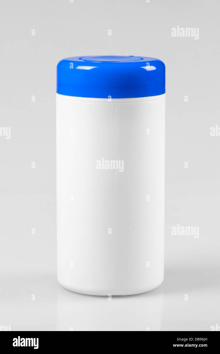 White plastic container with a blue lid on white background Stock Photo