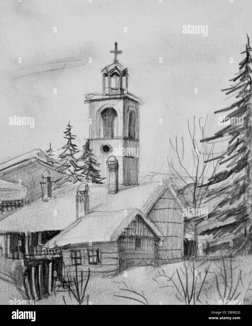 Pencil black and white drawing of an old church in ski resort Bansko in Bulgaria. Stock Photo