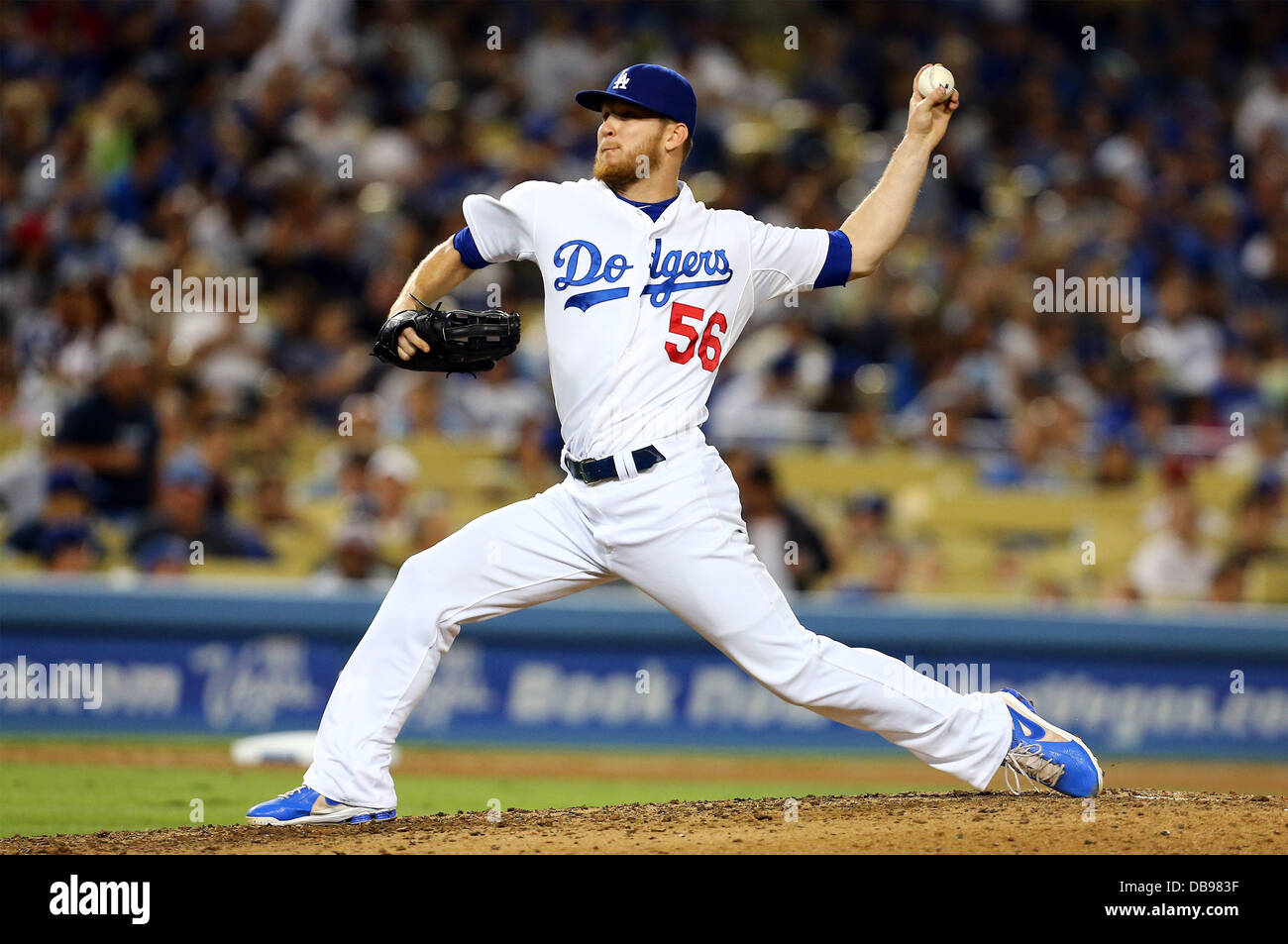 Los Angeles, California, USA. 25th July, 2013. July 25, 2013 Los Angeles, California: Los Angeles Dodgers relief pitcher J.P. Howell (56) pitches during the Major League Baseball game between the Cincinnati Reds and the Los Angeles Dodgers at Dodger Stadium on July 25, 2013 in Los Angeles, California. Rob Carmell/CSM/Alamy Live News Stock Photo