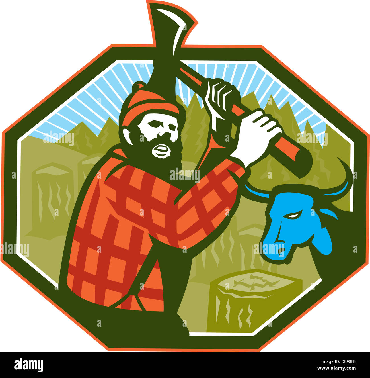 Illustration of Paul Bunyan a lumberjack sawyer forest worker swinging an axe with tree stumps and Babe the blue ox bull cow in Stock Photo
