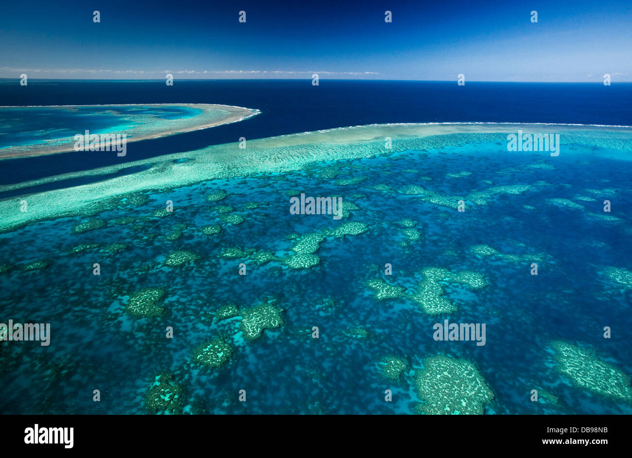 Aerial view of coral formations at Hardys Reef and Hook Reef. Great Barrier Reef Marine Park, Whitsundays, Queensland, Australia Stock Photo