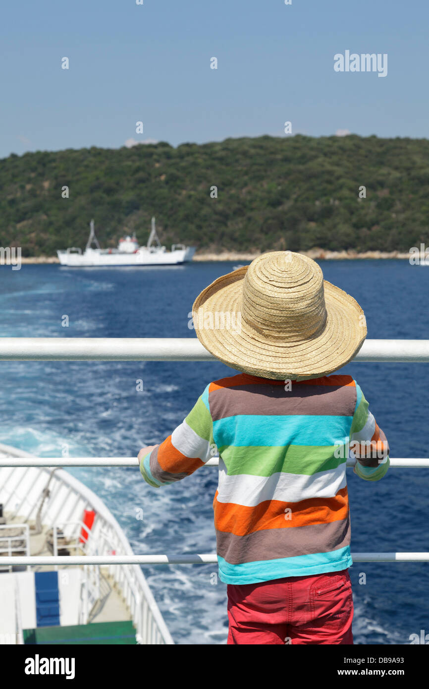 young boy, ferry from Krk Island to Cres Island, Kvarner Gulf, Croatia Stock Photo