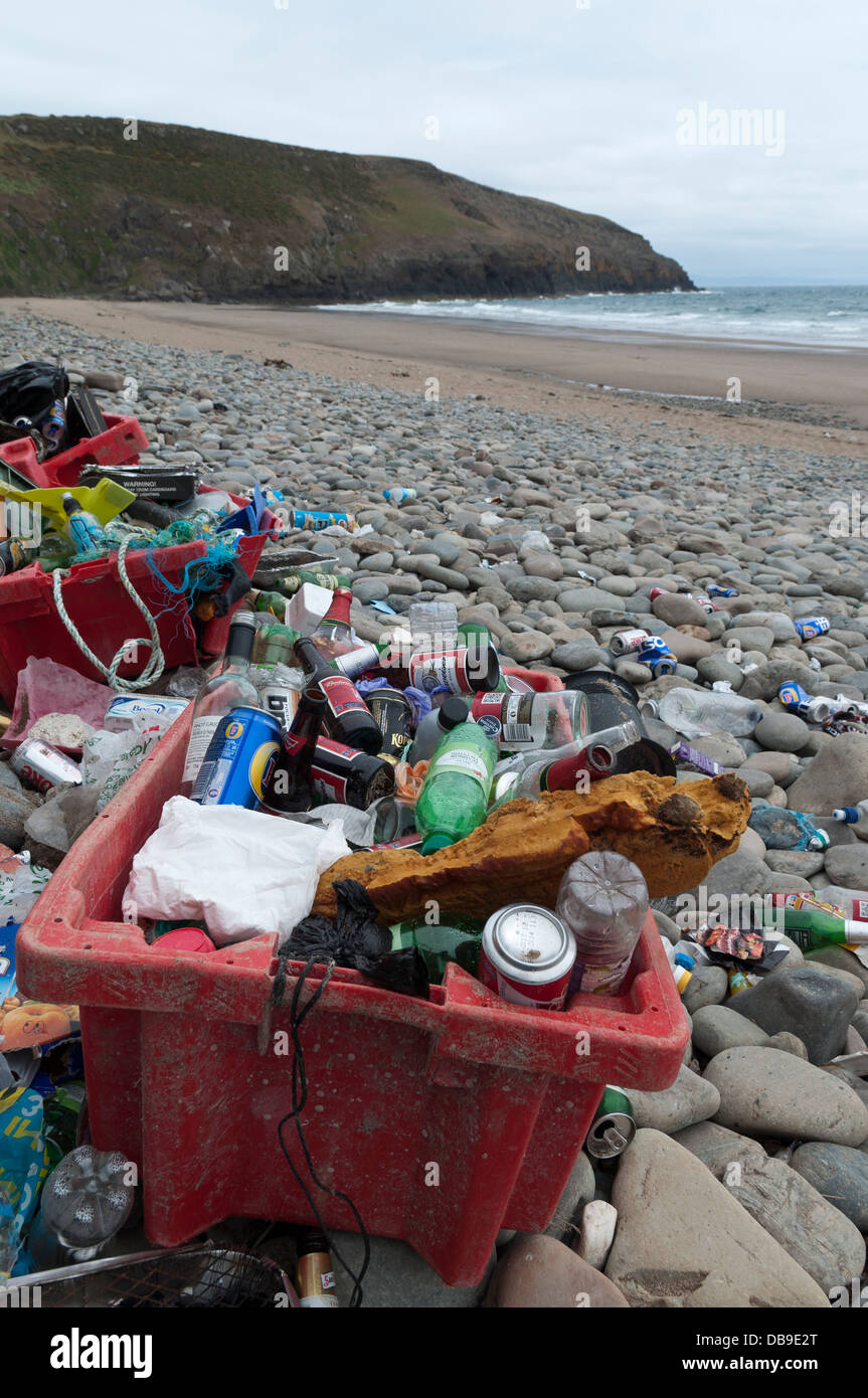 Beach litter washed up on the shore at Porth Ceiriad on the Lleyn Peninsula North Wales Stock Photo