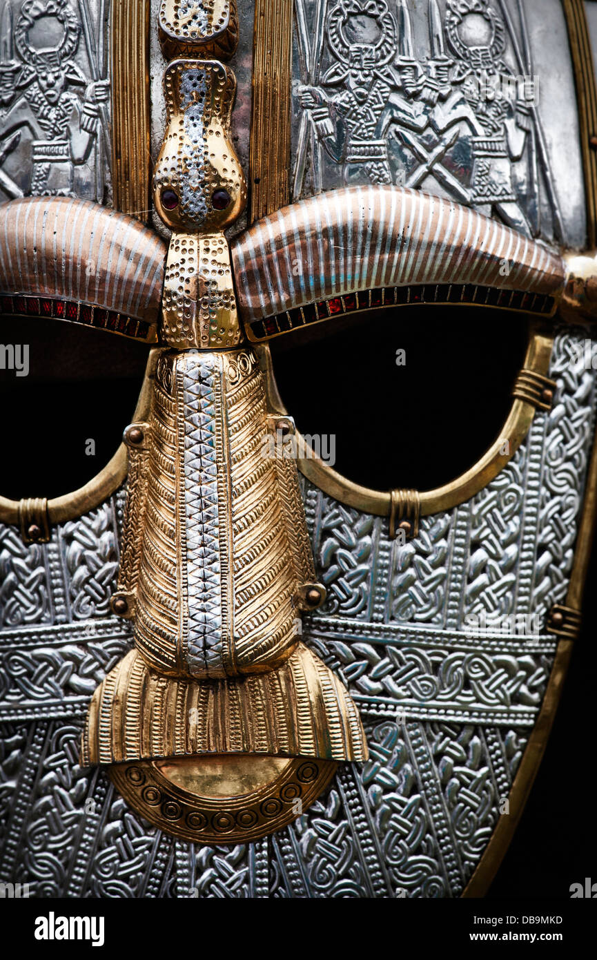Anglo Saxon replica helmet worn by soldier Stock Photo