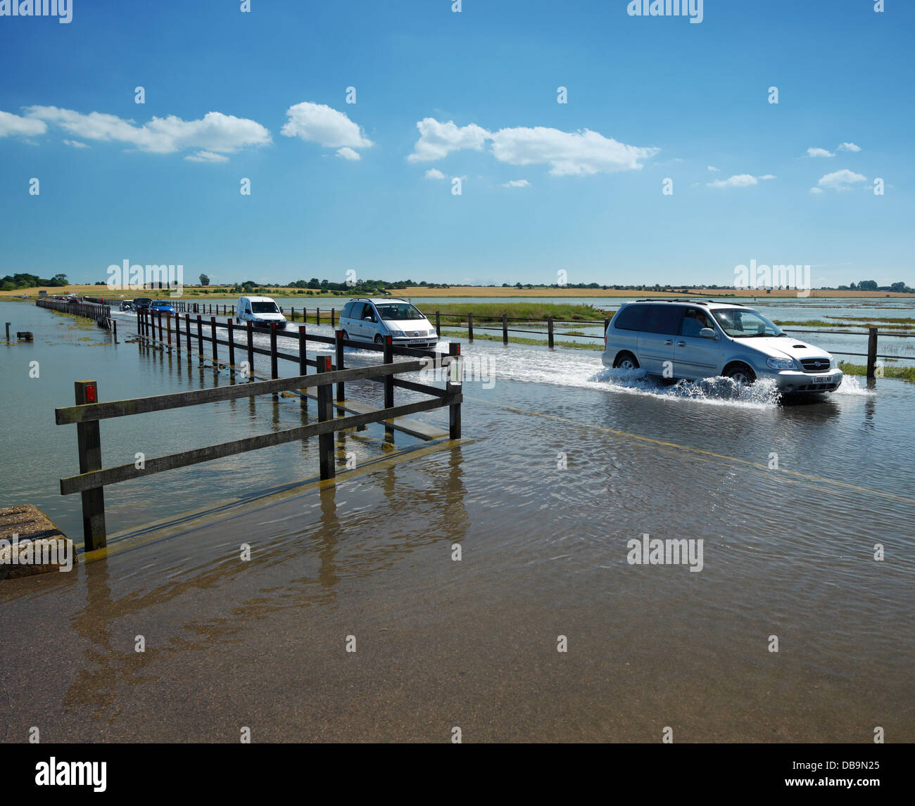 The Strood Causeway. The only road connecting Island of Mersea to the mainland which is flooding