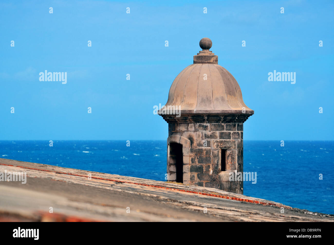 Watch tower in El Morro castle at old San Juan, Puerto Rico. Stock Photo