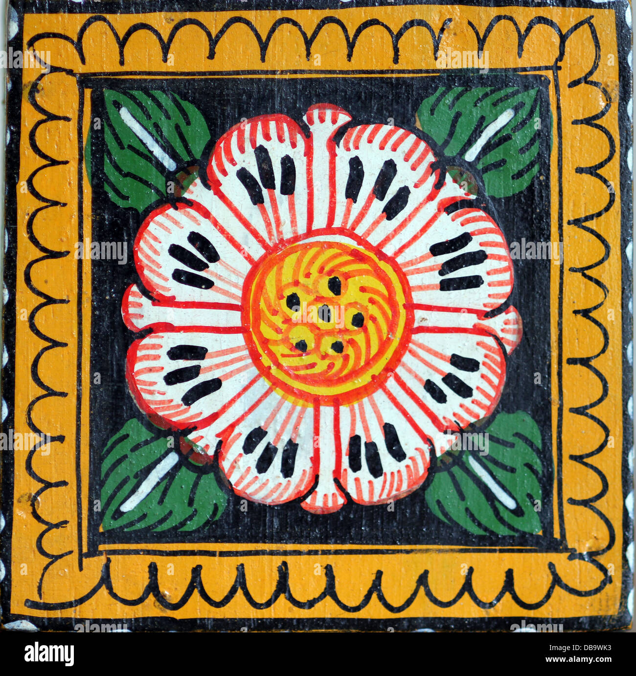 floral motif on handpainted Indian wooden box Stock Photo