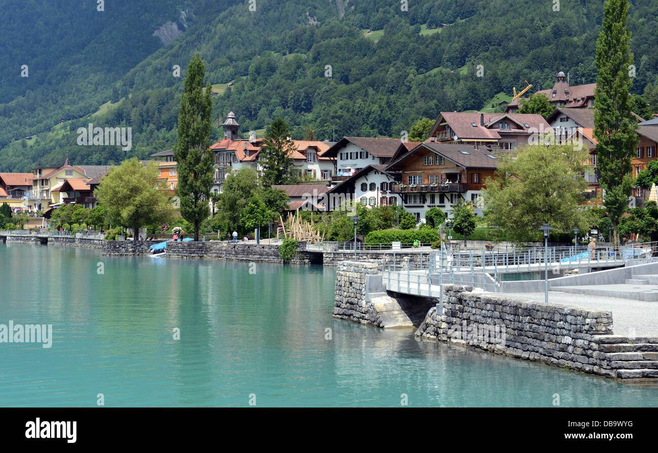 Lake Brienz is a lake in the Canon Berne in Switzerland, here with Brienz village Stock Photo