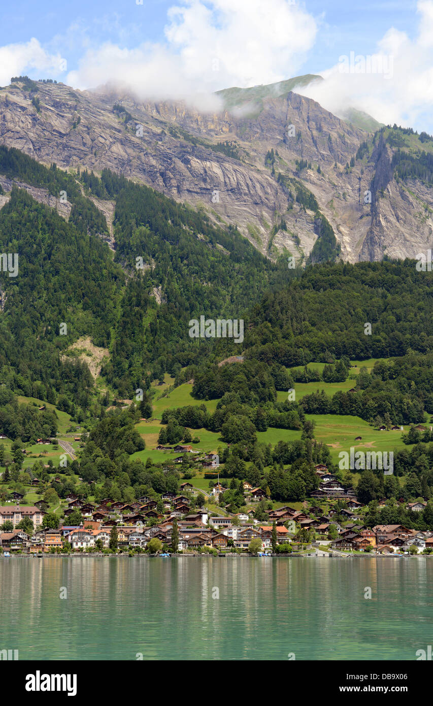 Lake Brienz is a lake in the Canon Berne in Switzerland, here with Brienz village Stock Photo