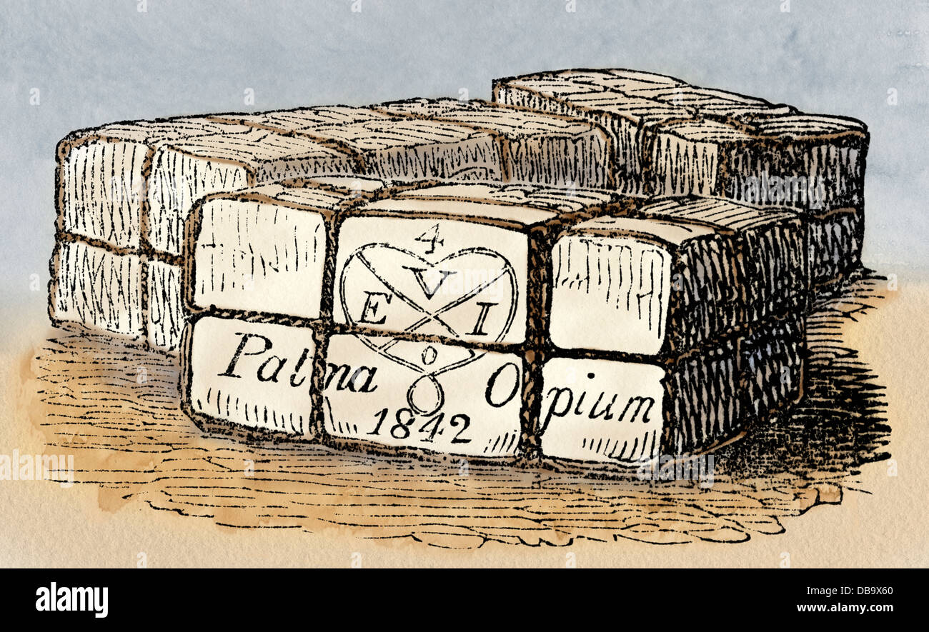 Opium packages from Asia, 1840s. Hand-colored woodcut Stock Photo