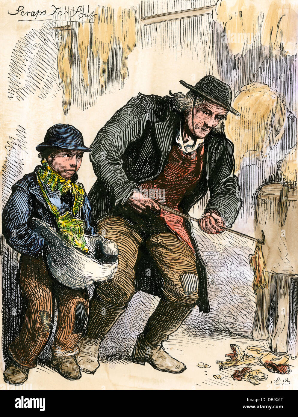 Italian immigrant man and boy gathering garbage scraps for soup, New York City, 1870s. Hand-colored woodcut Stock Photo