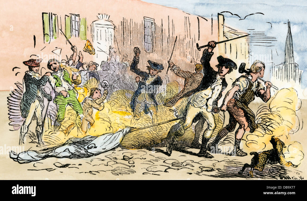 Protesters in Charleston SC denouncing Jay's Treaty with Britain, 1794. Hand-colored woodcut Stock Photo