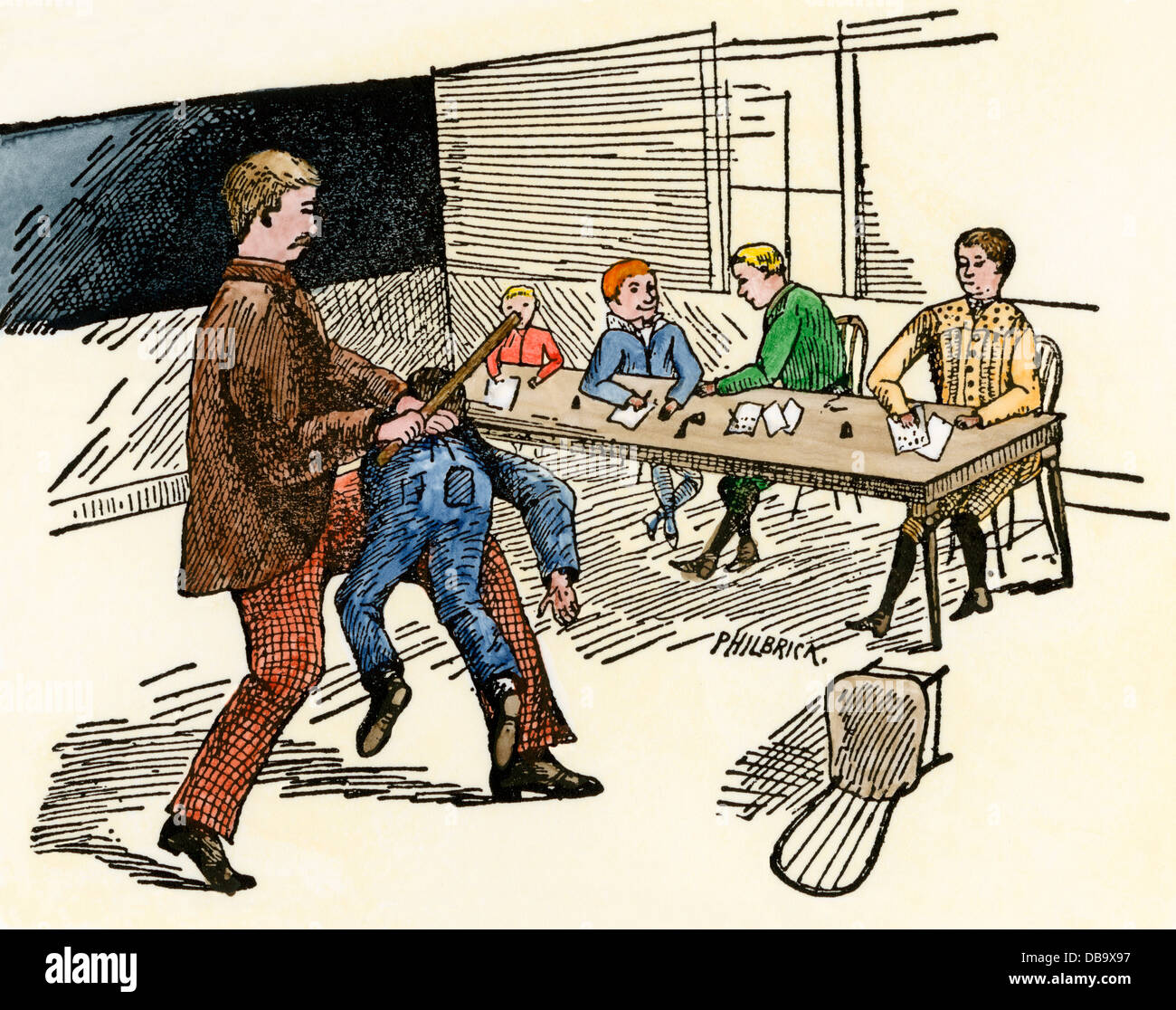 Teacher using corporal punishment on a student for spelling errors. Hand-colored woodcut Stock Photo