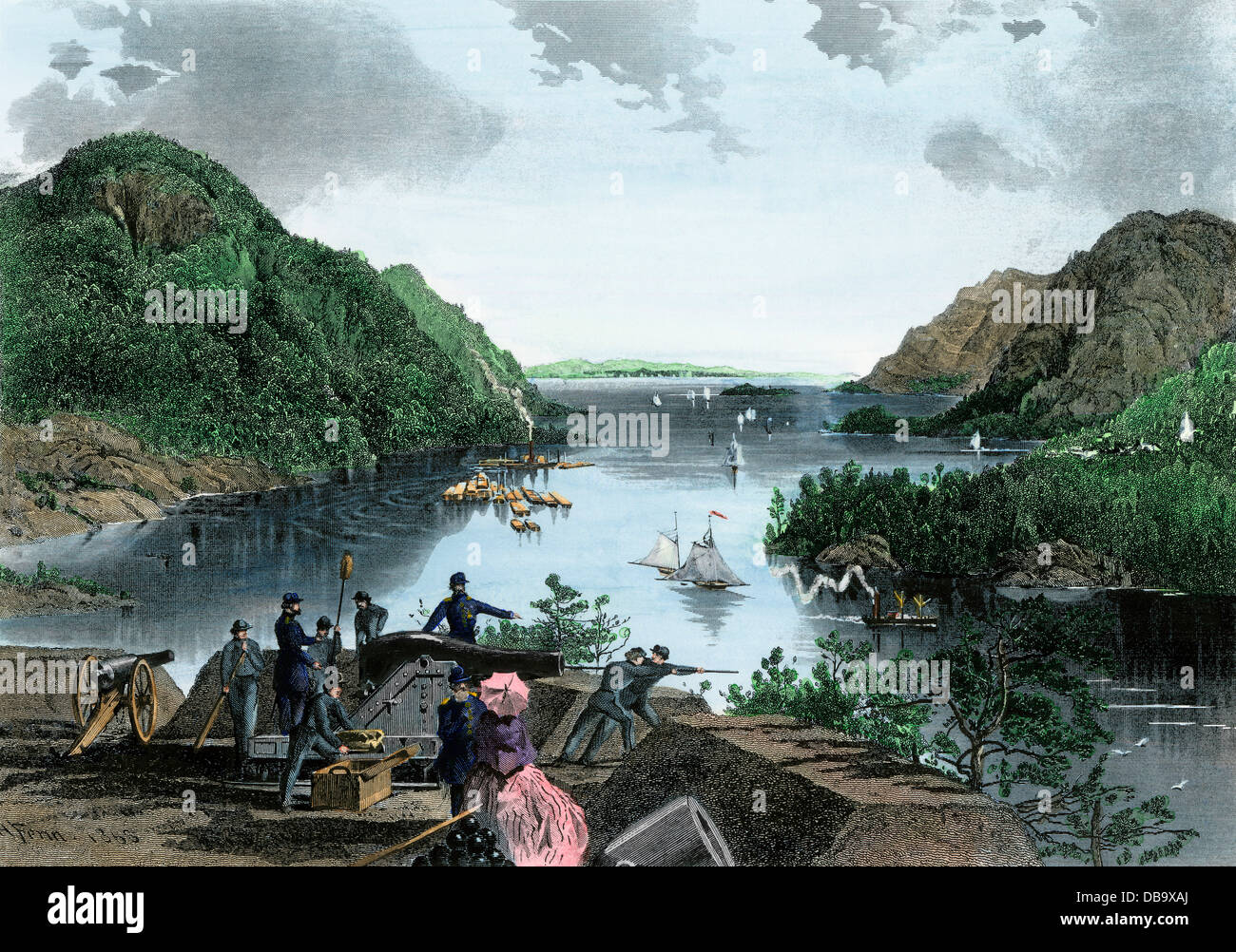 Cadets at West Point on the Hudson River highlands, 1870s. Hand-colored steel engraving Stock Photo