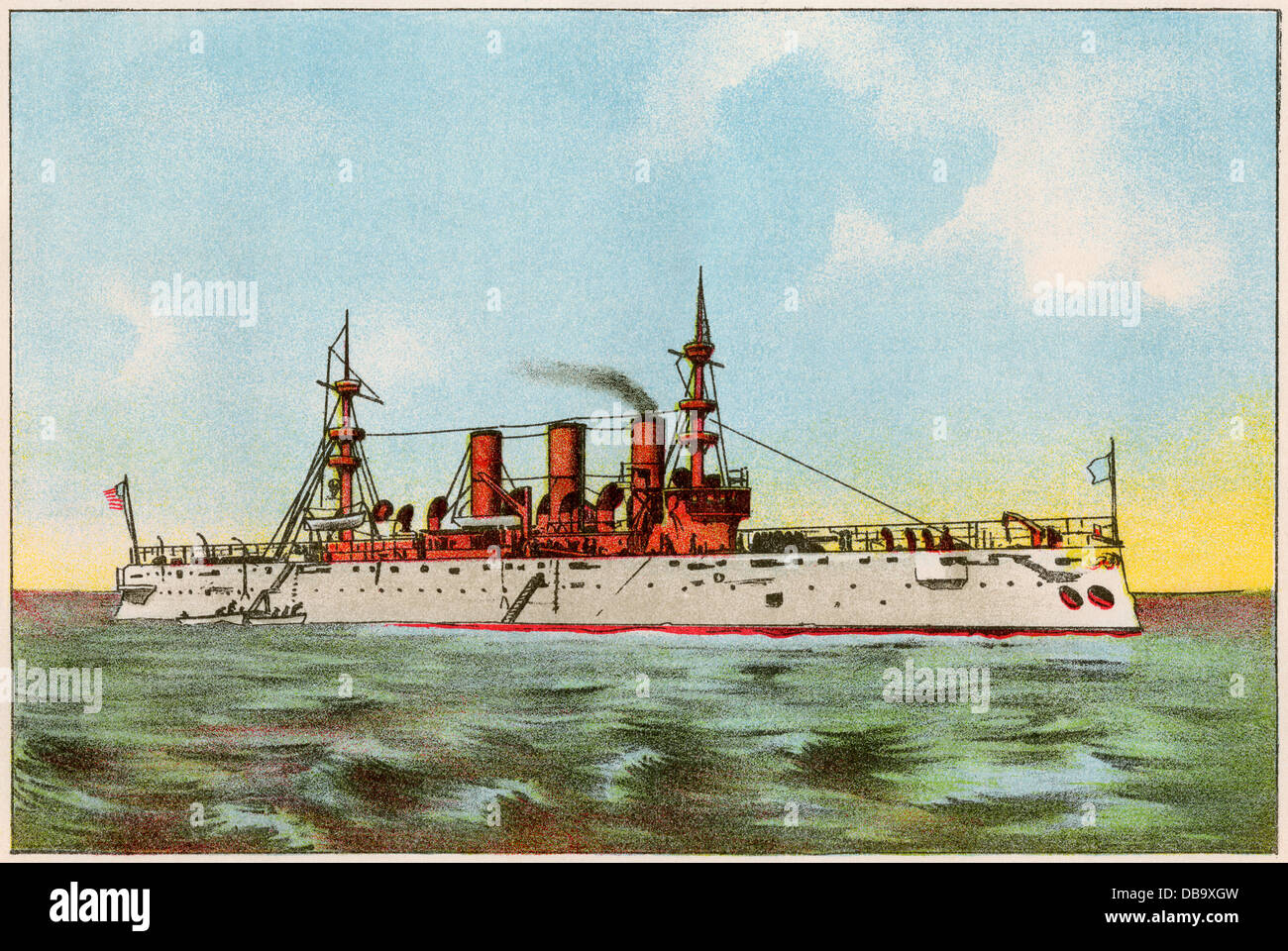 US armored cruiser 'New York' circa 1900. Color lithograph Stock Photo