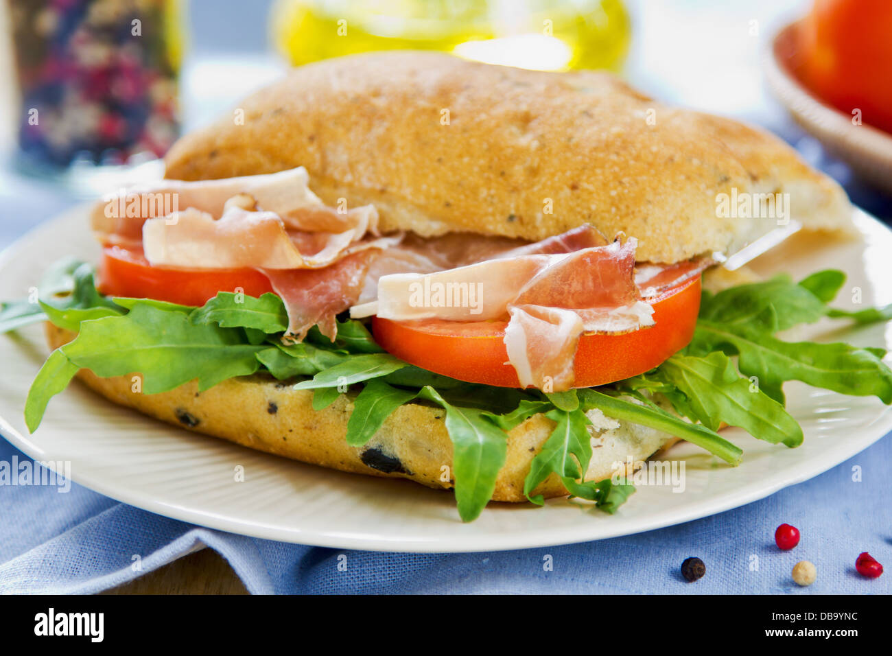 Prosciutto on Olive Ciabatta with Rocket sandwich Stock Photo Alamy