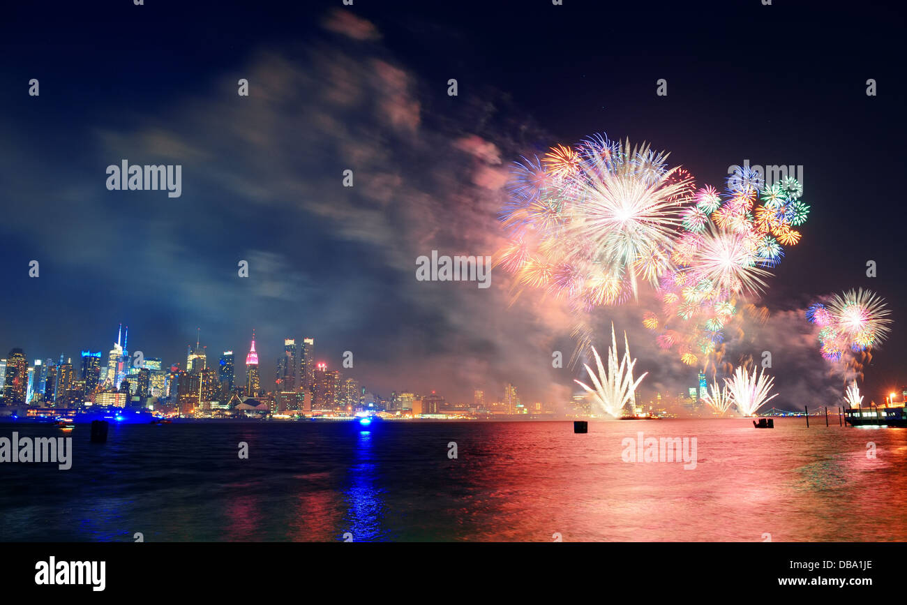 July 4th fireworks show of New York City with Manhattan midtown skyline