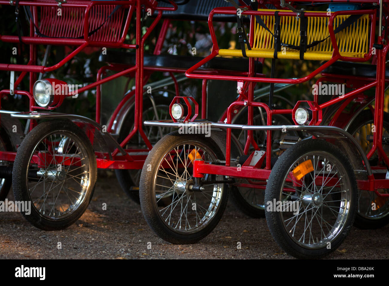 Pedal cars in the parks of Vichy (Allier - France). Rosalies dans les parcs de Vichy (03200) (Allier (03), Auvergne, France). Stock Photo