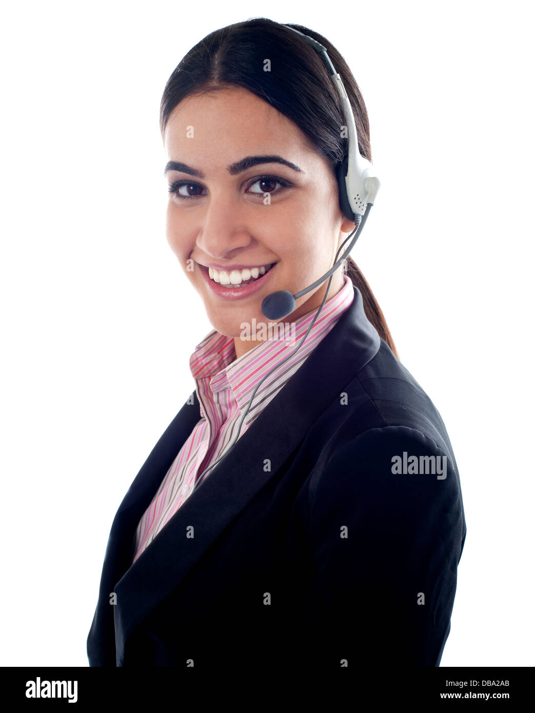 Female telemarketer with headsets Stock Photo Alamy