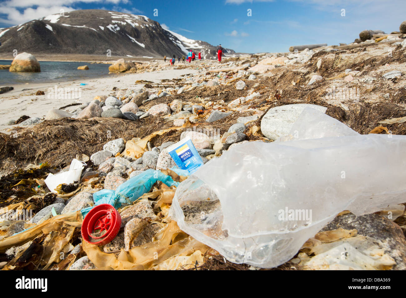 Plastic rubbish on a remote beach in Northern Svalbard, only about 600 miles from the North Pole. Stock Photo