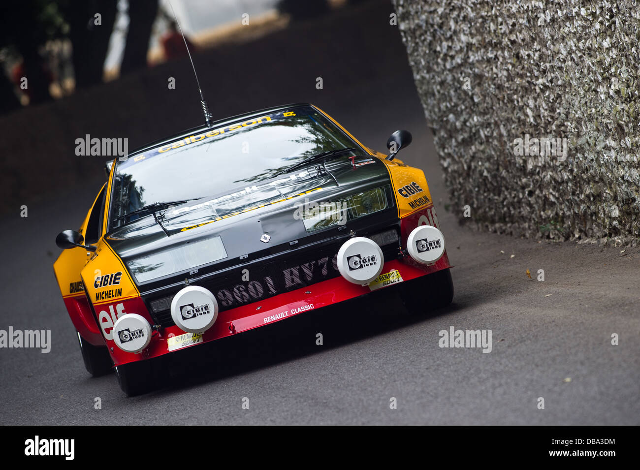Chichester, UK - July 2013: Alpine A310 passes the flint wall in action at the Goodwood Festival of Speed on July 12, 2013. Stock Photo