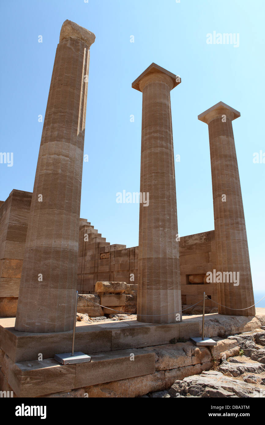 The Athena Lindia temple at the Acropolis of Lindos, Rhodes, Greece. Stock Photo