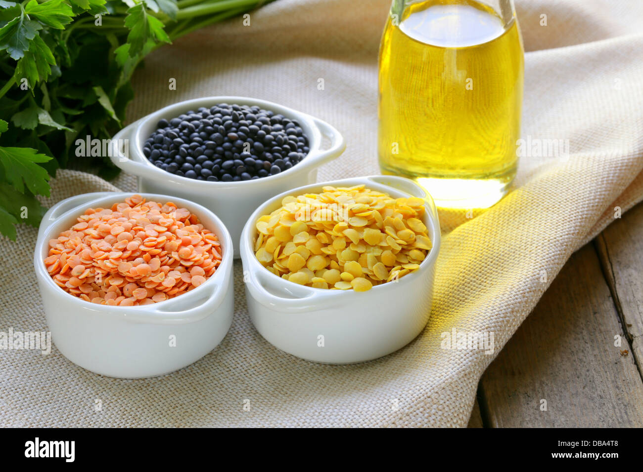 different kinds of lentils - red, yellow and black Stock Photo - Alamy