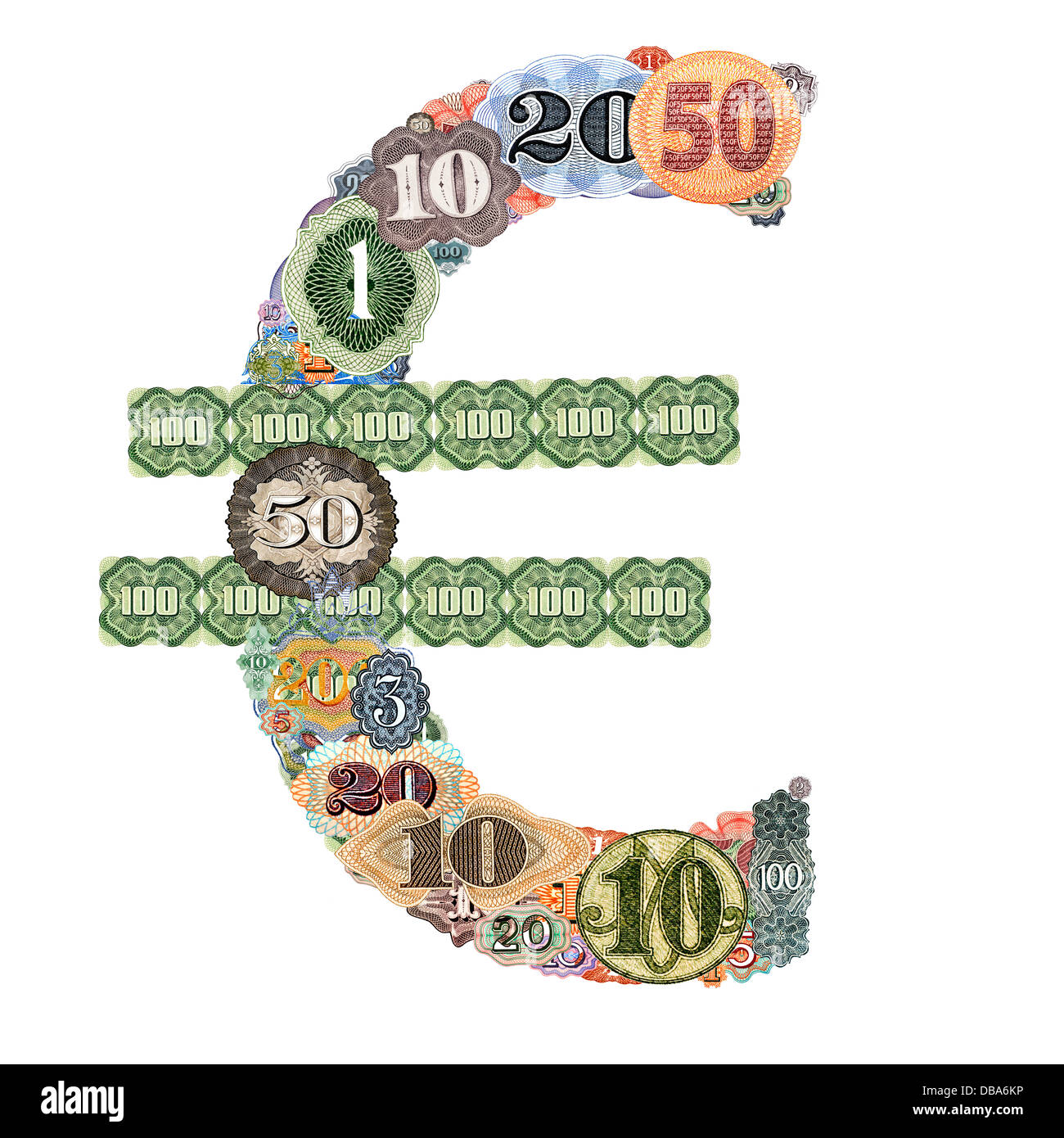 Euro currency sign made from numbers taken from world banknotes Stock