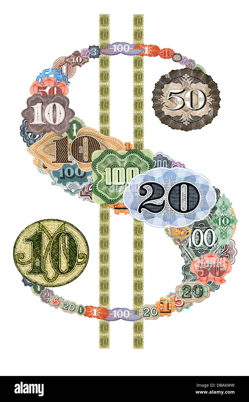 US Dollar sign made from numbers taken from world banknotes. Stock Photo
