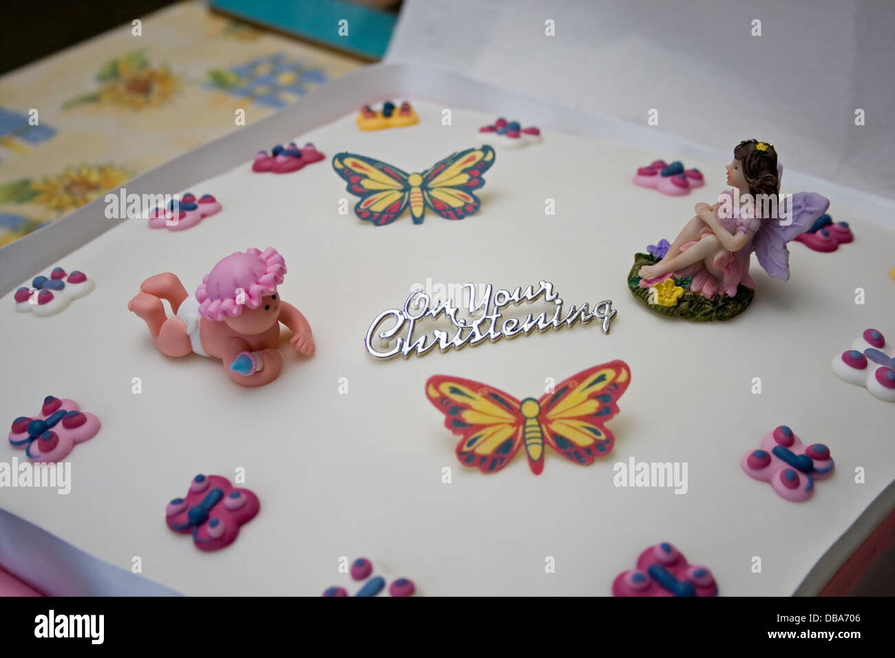 Homemade Christening Cake With Decorations Stock Photo 58617334