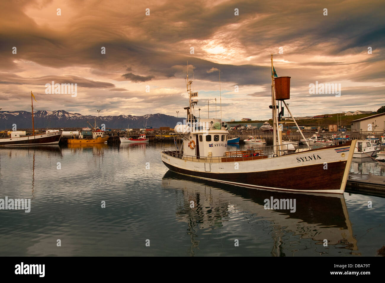 Old fishing port of Húsavik.Centre of whale watching. Iceland, Europe. Stock Photo
