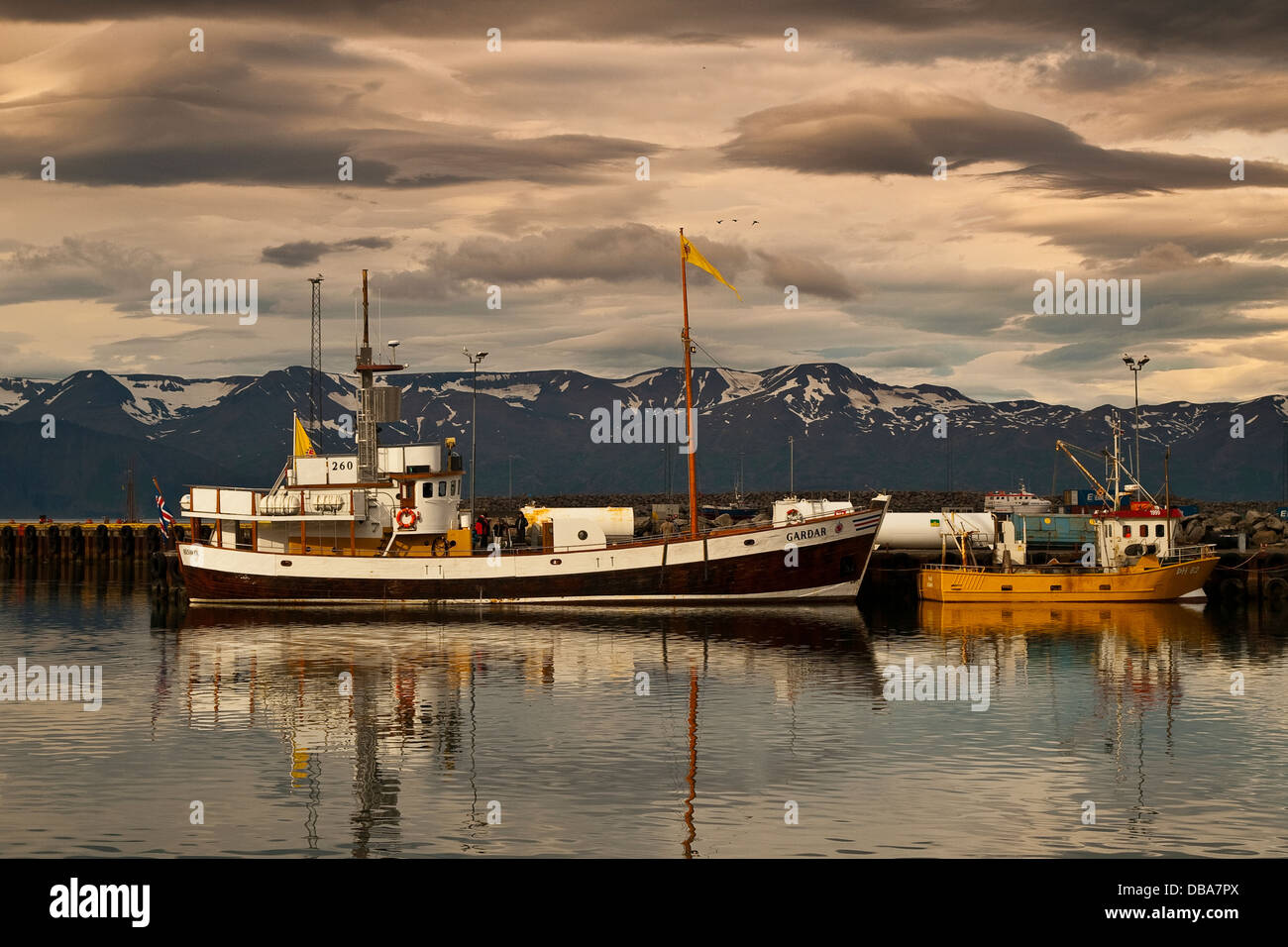 Old fishing port of Húsavik.Centre of whale watching. Iceland, Europe. Stock Photo